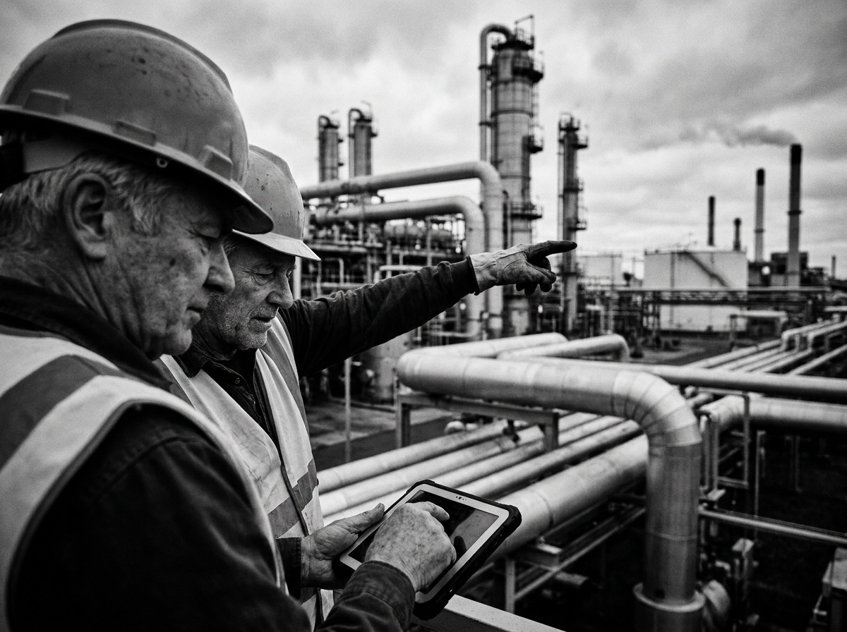 Специалисты нефтегаза разбирают план на объекте на английском — английский для нефтегазовой отрасли с носителем
